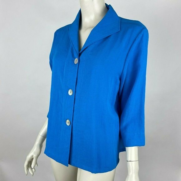 Fridaze Sailor Jacket Linen Button Up Collared V-neck‎ 3/4 Sleeve Blue Women M - Picture 3 of 11